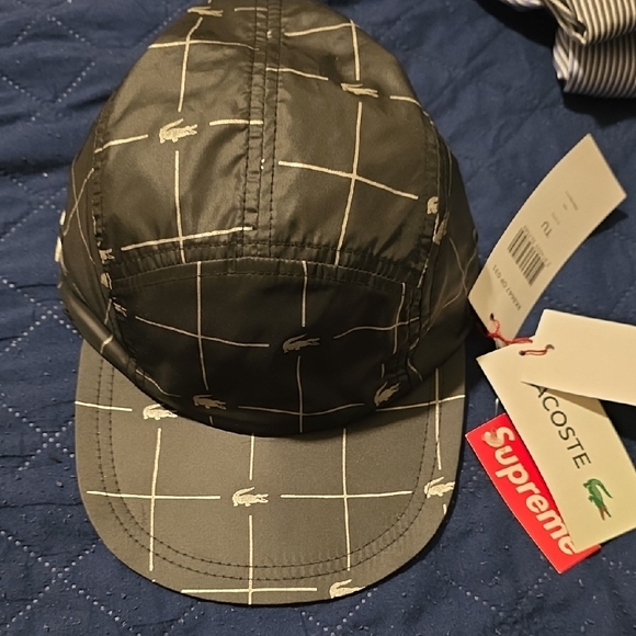 NWT Supreme x Lacoste Black and Gray Grid Print Nylon Cap